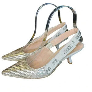 Christian Dior Nude Chrome Shoes With Crystal On The Side Ribbon Band.